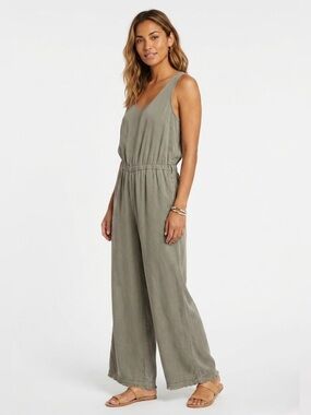 C&C California Lyocell Jumpsuit Olive Gray Wide Leg Frayed Hem Large